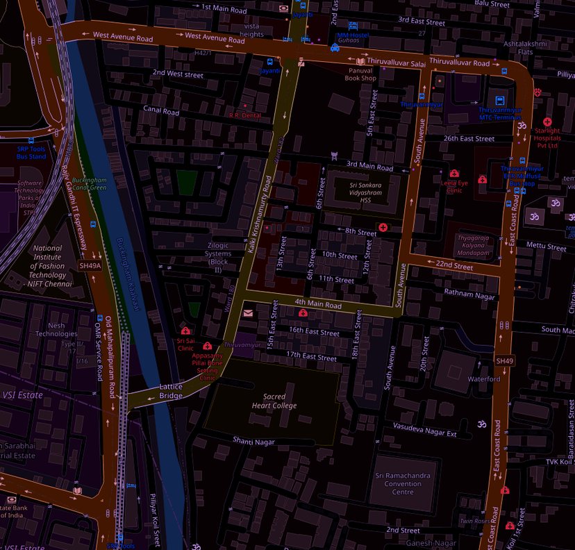 Street map of Thiruvanmiyur with BMG Mahal marked on 4th Main Road